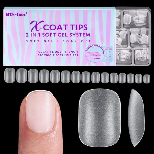 BTArtbox Extra Short Square Nail Tips - Short Squoval Gel Nail Tips, Natural X COAT Tips with Tip Primer Cover, Pre-shaped Upgrade Matte Full Cover Nail Tips for Home DIY Nail Salon