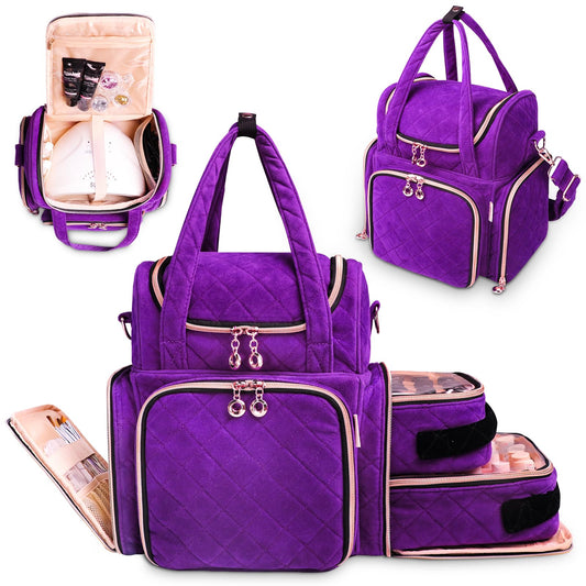 Covkev Nail Polish Organizer Holds 70 Bottles and a Nail Lamp, Nail Polish Bag with 2 Removable Polish Case and Tools Storage Pockets, Nail Travel Case for Nail Tech (Patent Pending), Purple