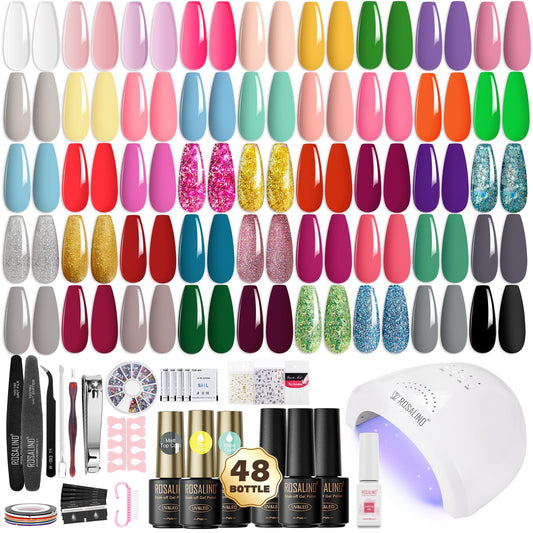 ROSALIND 64PCS Gel Nail Polish Kit with U V Nail Light, 45 Color Gel Nail Kit Long Lasting Gel Base Top Coat and Manicure Tools Starter Kit DIY at Home Salon Design Gift for Women