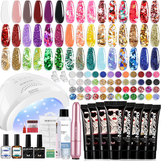 Morovan Poly Gel Nail Kit: 8 Colors Poly Nail Gel Kit With Drill and 48W LED Nail Lamp Poly Gel Nail Starter Kit For Beginners with Everything Professional Extension Gel Kit