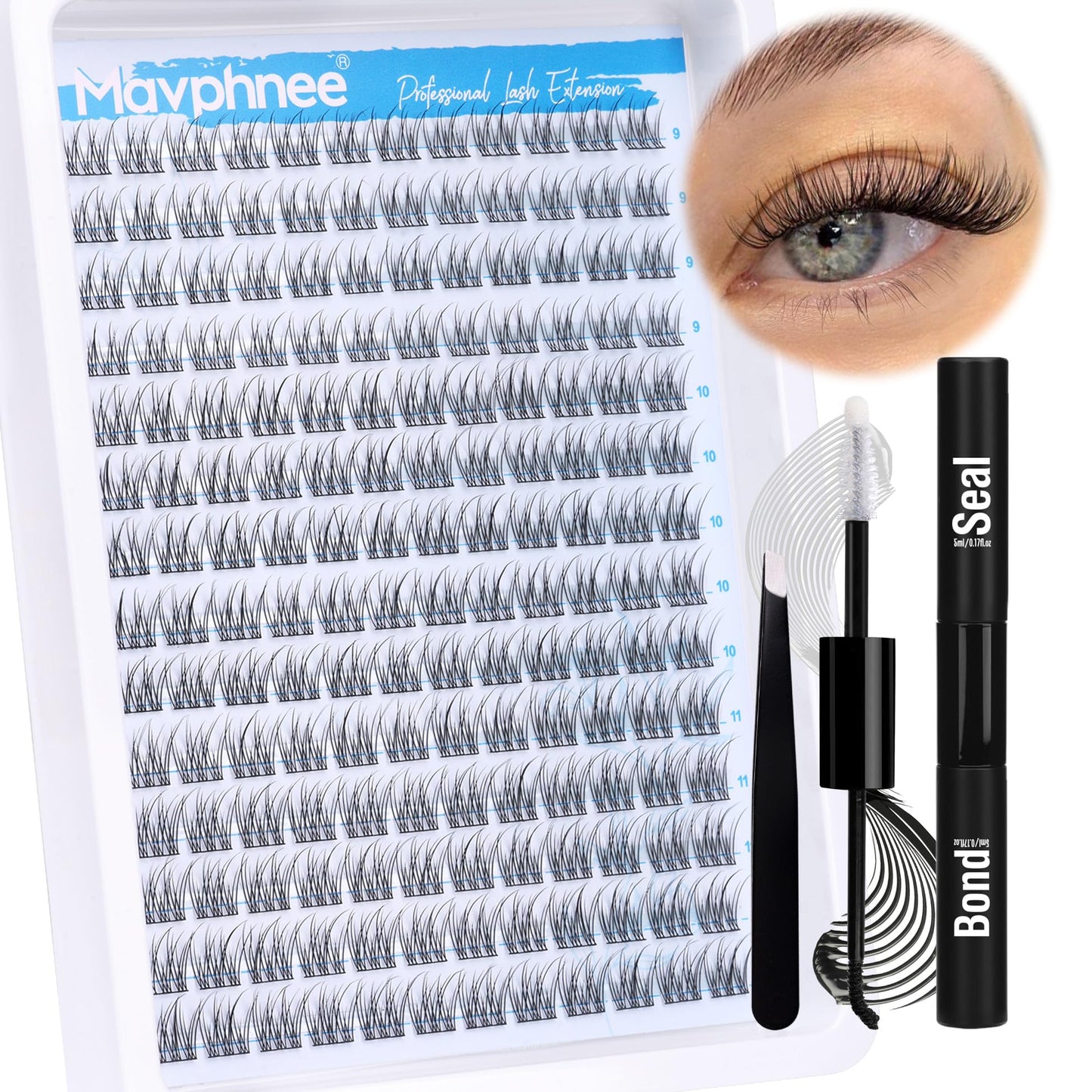 Natural Cluster Lashes Kit 168 Pcs Wispy Lash Extensions CC Curl 9-11MM Mixed Lengths Eyelash Extension Individual Kit with Lashes Bond and Seal and Tweezers DIY at Home by Mavphnee