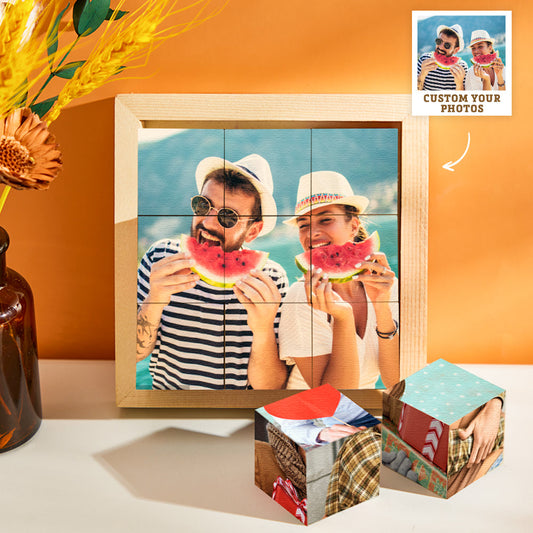 Custom Photo Cube Puzzle Wooden Block With Frame Family Gifts
