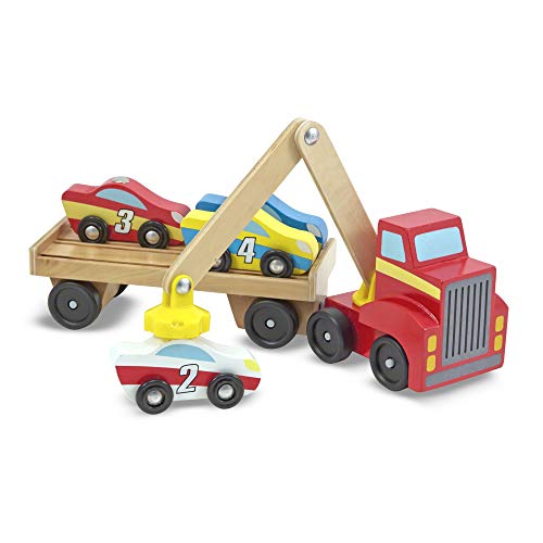 Melissa & Doug Magnetic Car Loader Wooden Toy Set With 4 Cars and 1 Semi-Trailer Truck
