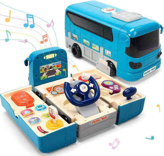 Kids Play Bus Vehicle with Sound and Light Simulation Steering Wheel Toy for Toddler